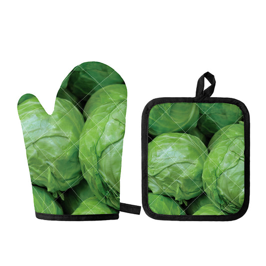 Green Cabbage Print Oven Mitt And Pot Holder Set