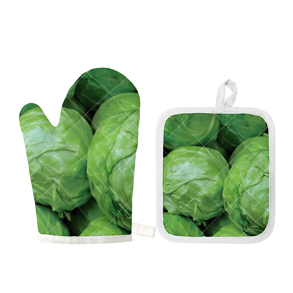 Green Cabbage Print Oven Mitt And Pot Holder Set