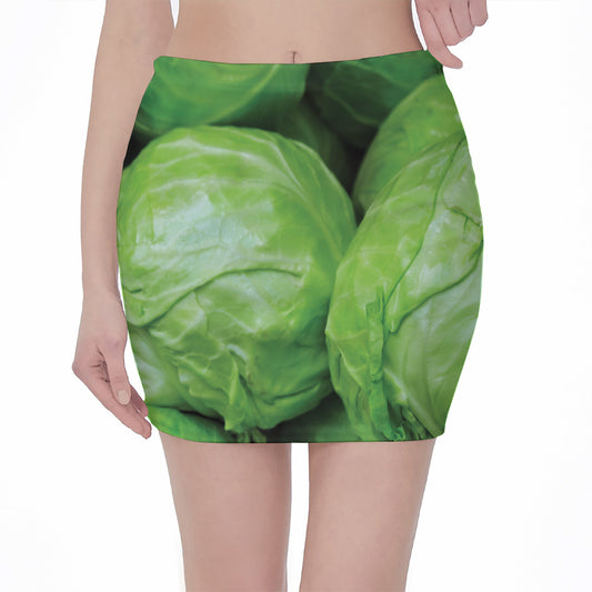 Green Cabbage Print Pencil Mini Skirt