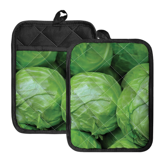 Green Cabbage Print Pot Holders With Pocket