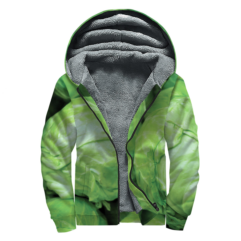 Green Cabbage Print Sherpa Lined Zip Up Hoodie