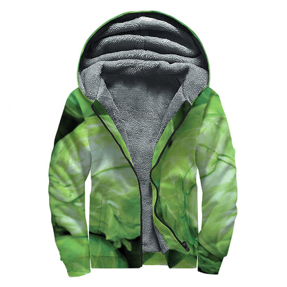Green Cabbage Print Sherpa Lined Zip Up Hoodie