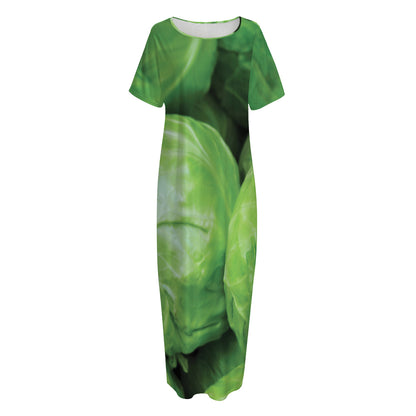 Green Cabbage Print Short Sleeve Long Nightdress