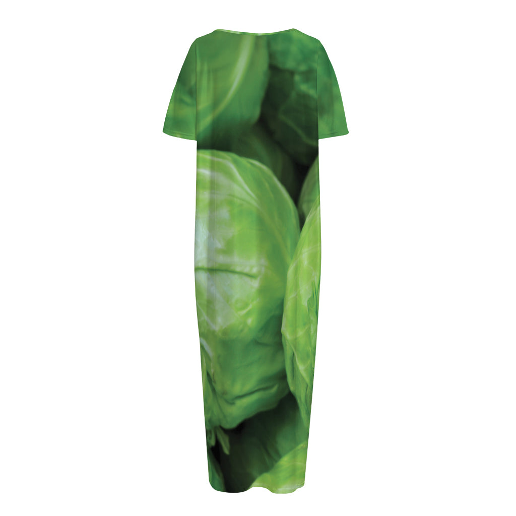 Green Cabbage Print Short Sleeve Long Nightdress
