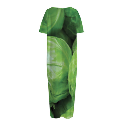 Green Cabbage Print Short Sleeve Long Nightdress