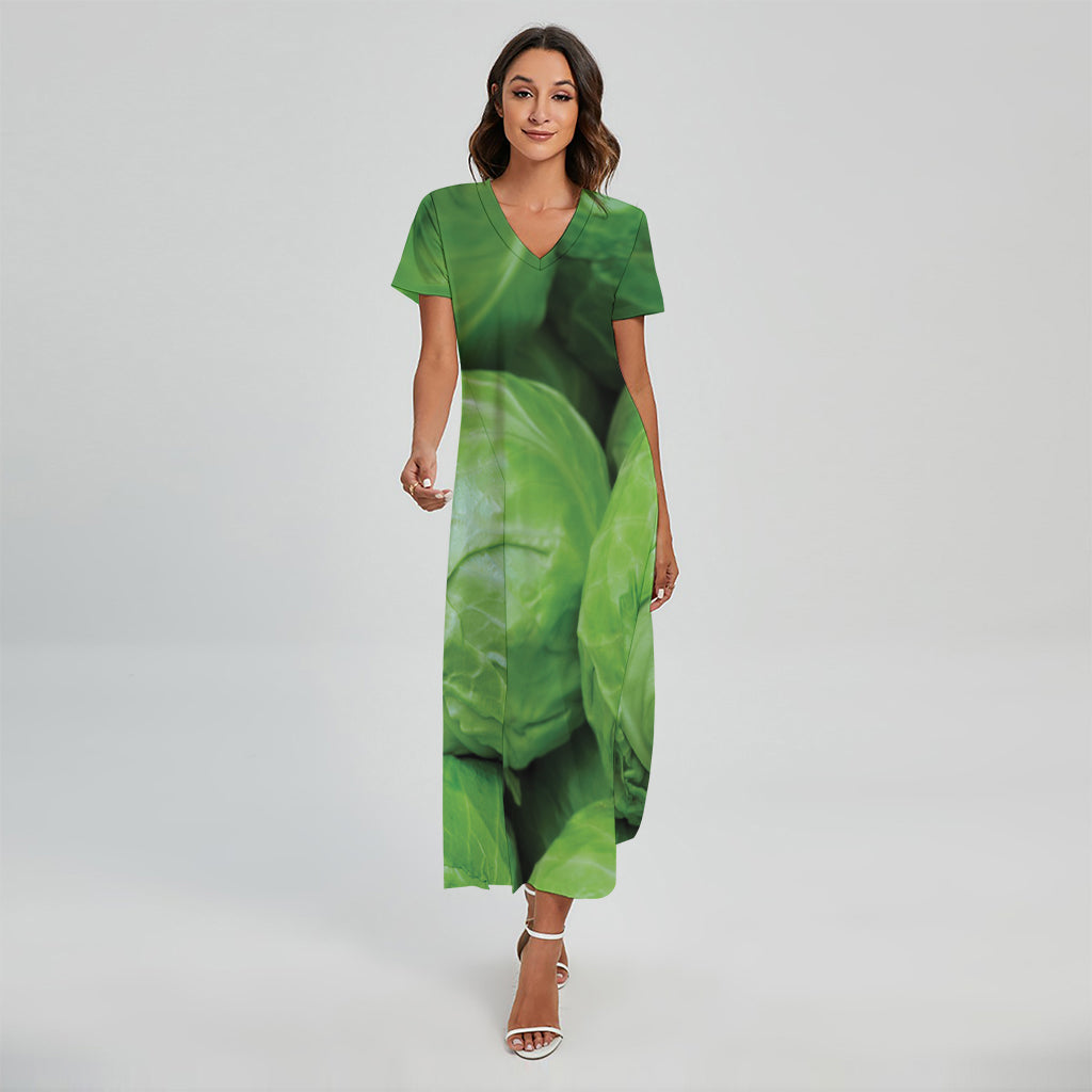 Green Cabbage Print Short Sleeve Maxi Dress