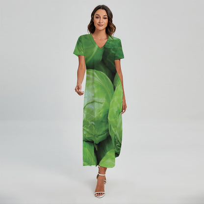 Green Cabbage Print Short Sleeve Maxi Dress