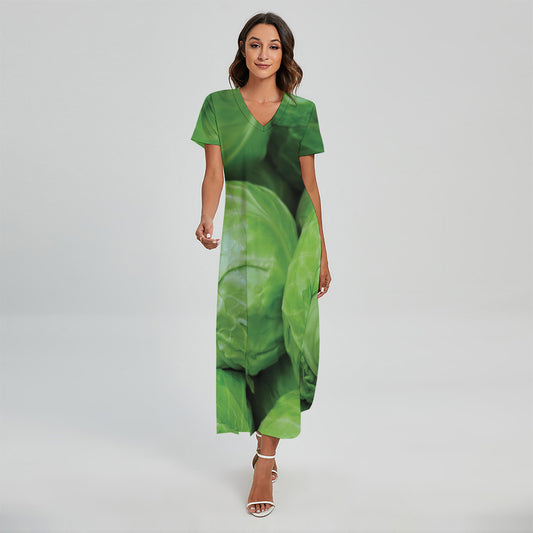 Green Cabbage Print Short Sleeve Maxi Dress