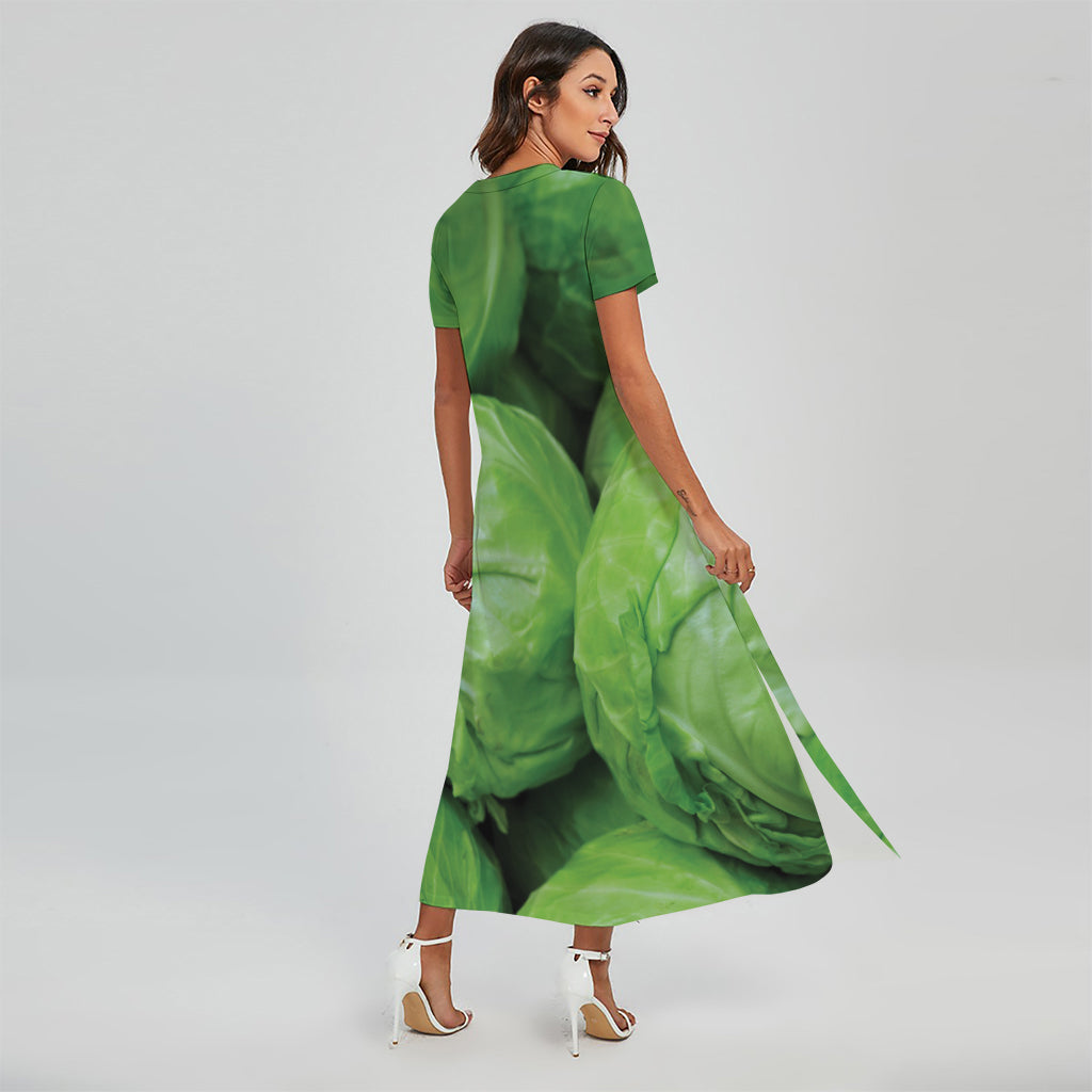 Green Cabbage Print Short Sleeve Maxi Dress