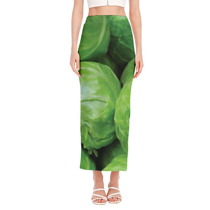 Green Cabbage Print Side Slit Maxi Skirt