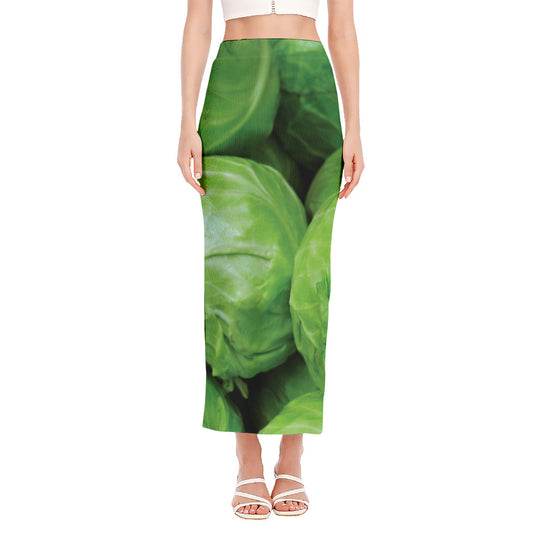 Green Cabbage Print Side Slit Maxi Skirt