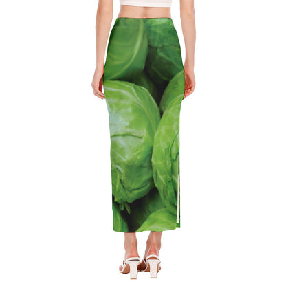 Green Cabbage Print Side Slit Maxi Skirt