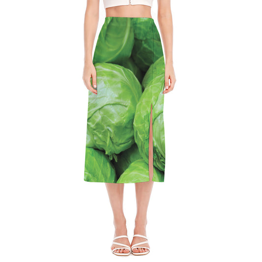 Green Cabbage Print Side Slit Midi Skirt