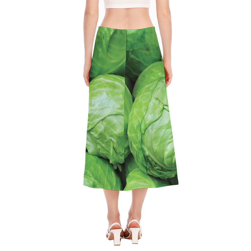 Green Cabbage Print Side Slit Midi Skirt