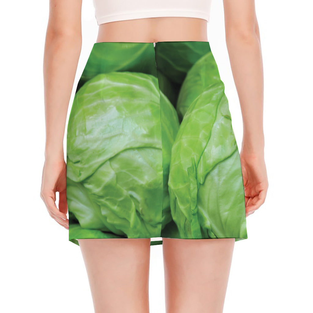 Green Cabbage Print Side Slit Mini Skirt