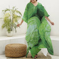Green Cabbage Print Silk V-Neck Kaftan Dress