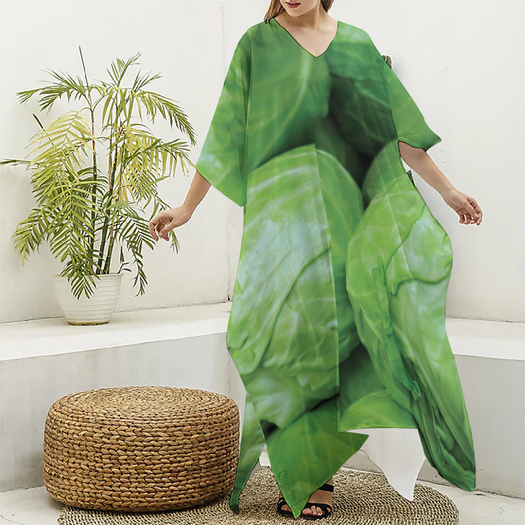 Green Cabbage Print Silk V-Neck Kaftan Dress