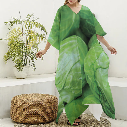 Green Cabbage Print Silk V-Neck Kaftan Dress