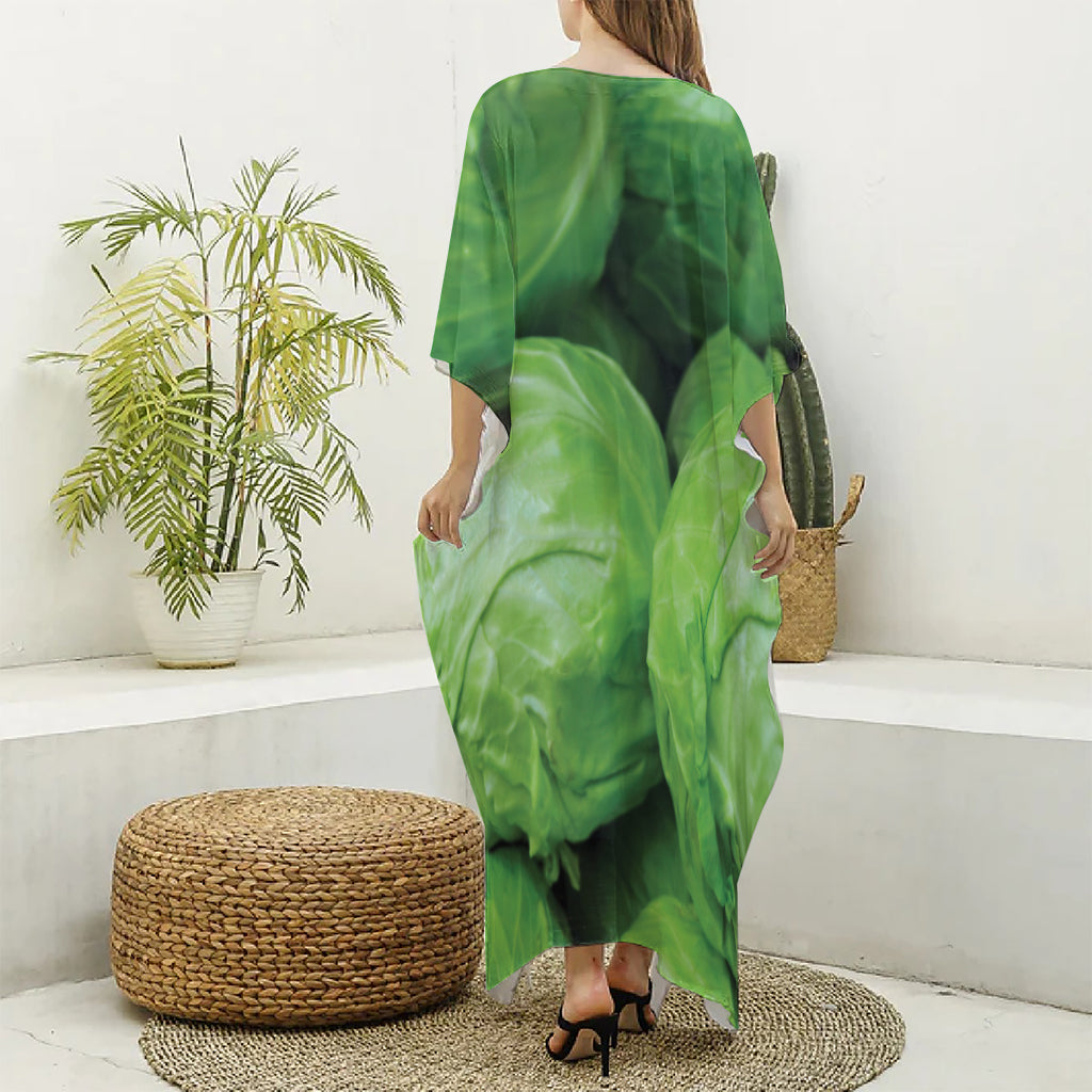 Green Cabbage Print Silk V-Neck Kaftan Dress