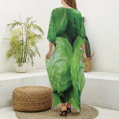 Green Cabbage Print Silk V-Neck Kaftan Dress