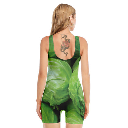 Green Cabbage Print Sleeveless One Piece Swimsuit