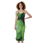 Green Cabbage Print Slim Fit Midi Cami Dress