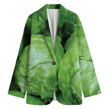 Green Cabbage Print Women's Cotton Blazer