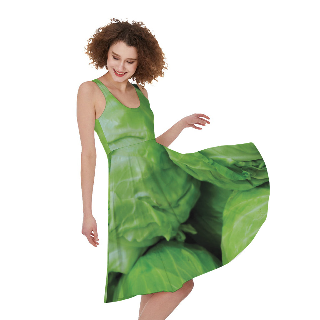 Green Cabbage Print Women's Sleeveless Dress