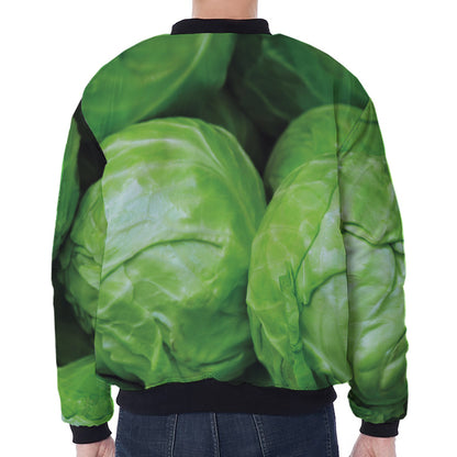 Green Cabbage Print Zip Sleeve Bomber Jacket