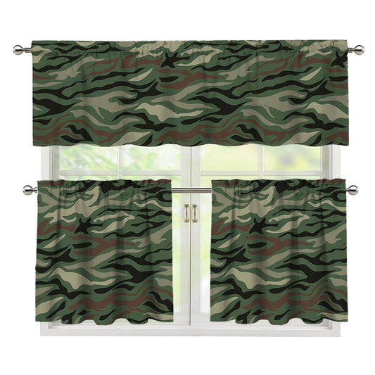 Green Camo Zebra Pattern Print 3 Piece Kitchen Curtains