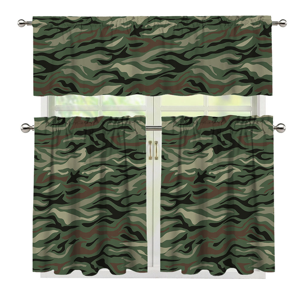 Green Camo Zebra Pattern Print 3 Piece Kitchen Curtains