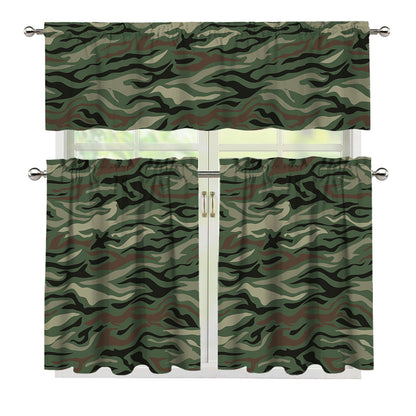 Green Camo Zebra Pattern Print 3 Piece Kitchen Curtains