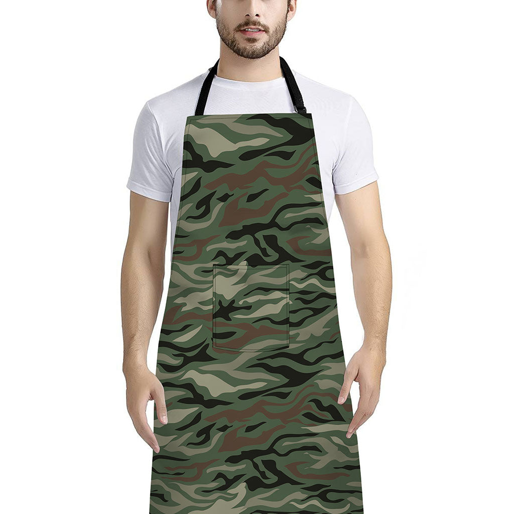Green Camo Zebra Pattern Print Bib Apron With Pocket