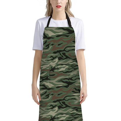 Green Camo Zebra Pattern Print Bib Apron With Pocket