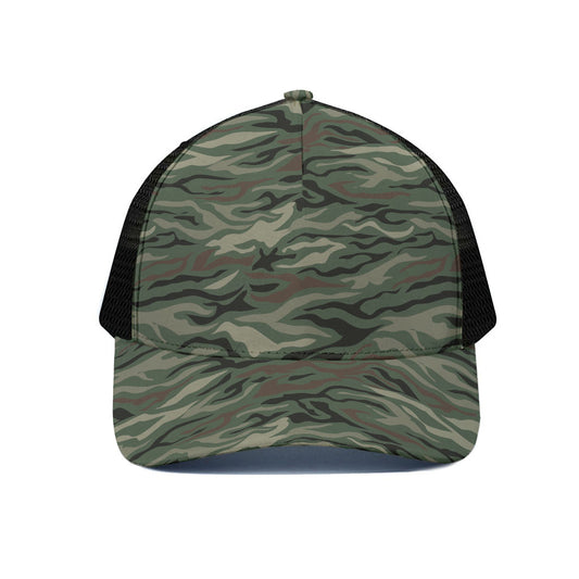 Green Camo Zebra Pattern Print Black Mesh Trucker Cap