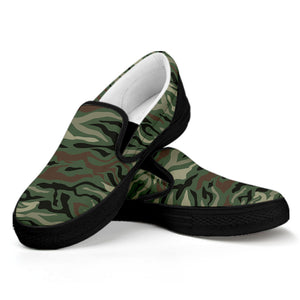 Green Camo Zebra Pattern Print Black Slip On Sneakers