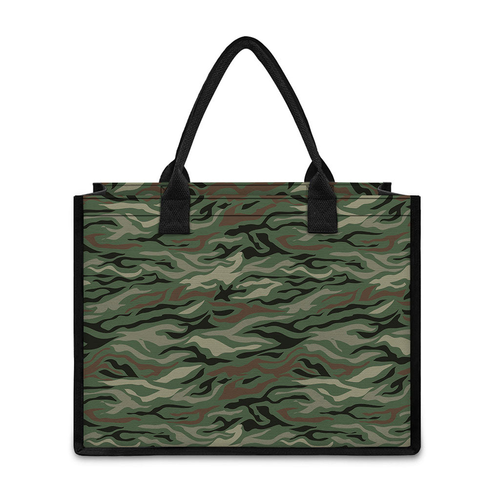 Green Camo Zebra Pattern Print Canvas Tote Bag