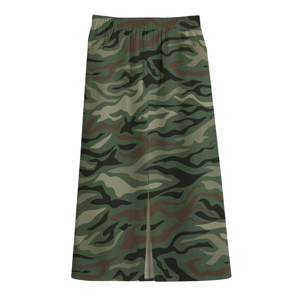 Green Camo Zebra Pattern Print Cotton Front Slit Maxi Skirt