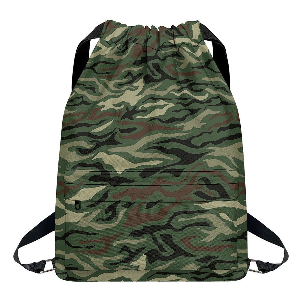 Green Camo Zebra Pattern Print Drawstring Backpack
