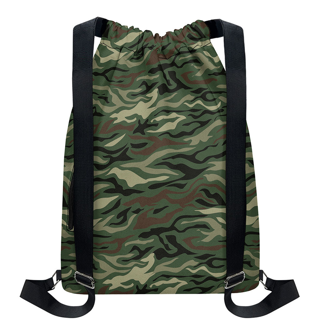 Green Camo Zebra Pattern Print Drawstring Backpack