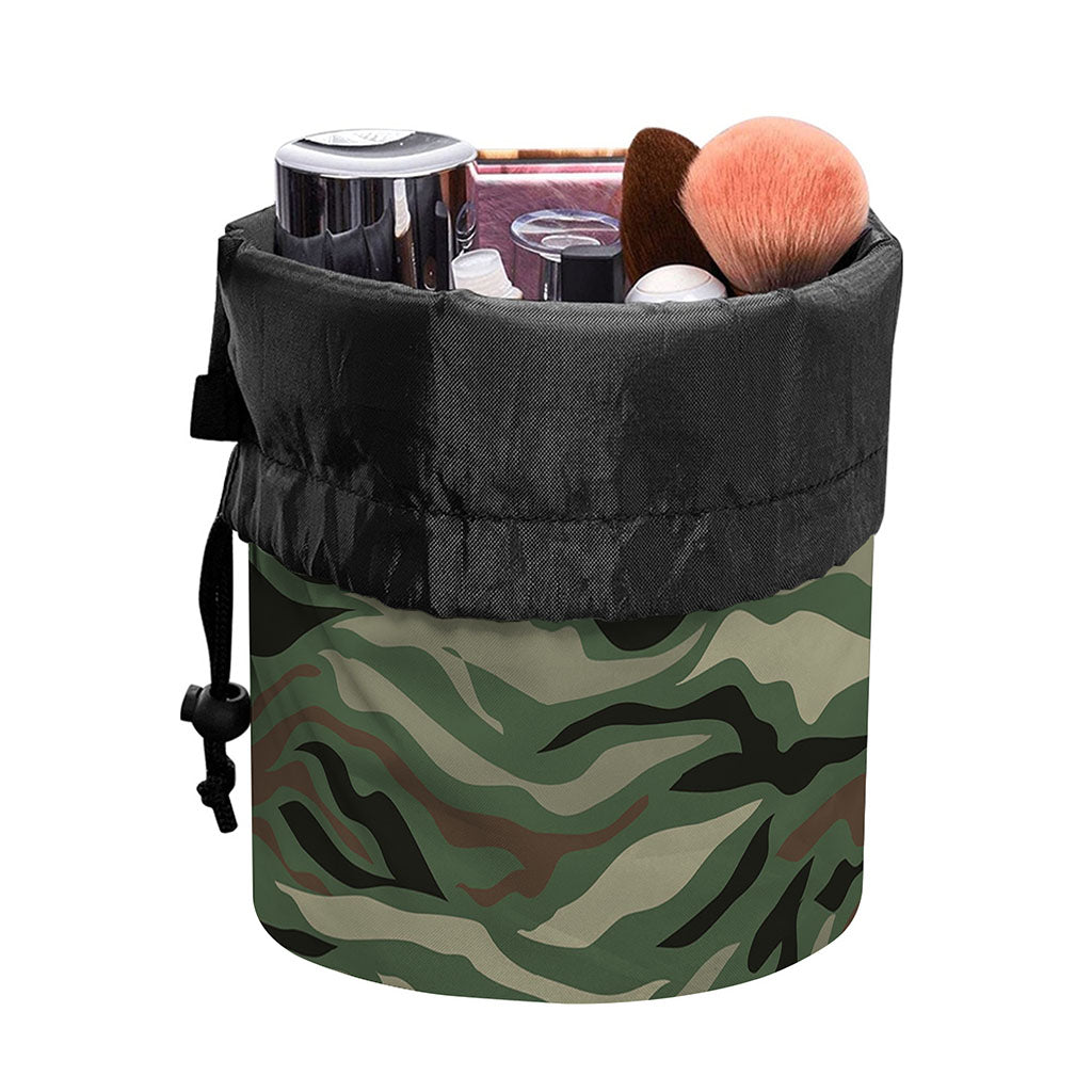 Green Camo Zebra Pattern Print Drawstring Makeup Bag