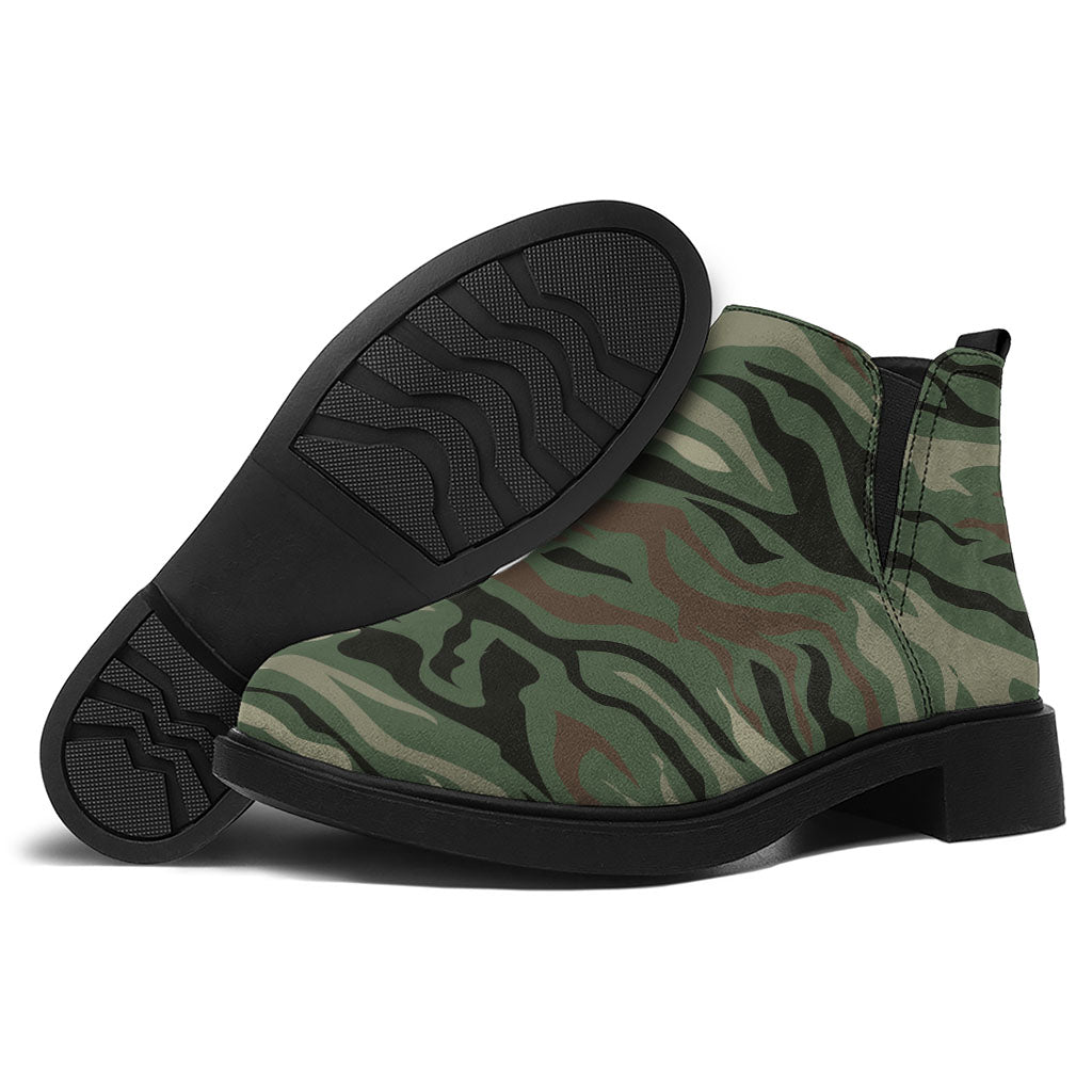 Green Camo Zebra Pattern Print Flat Ankle Boots