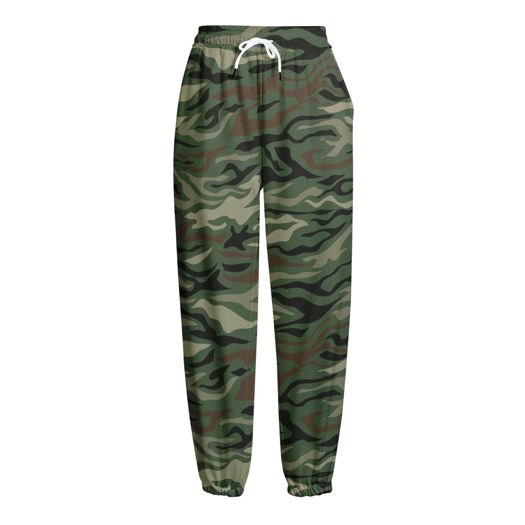 Green Camo Zebra Pattern Print Fleece Lined Knit Pants