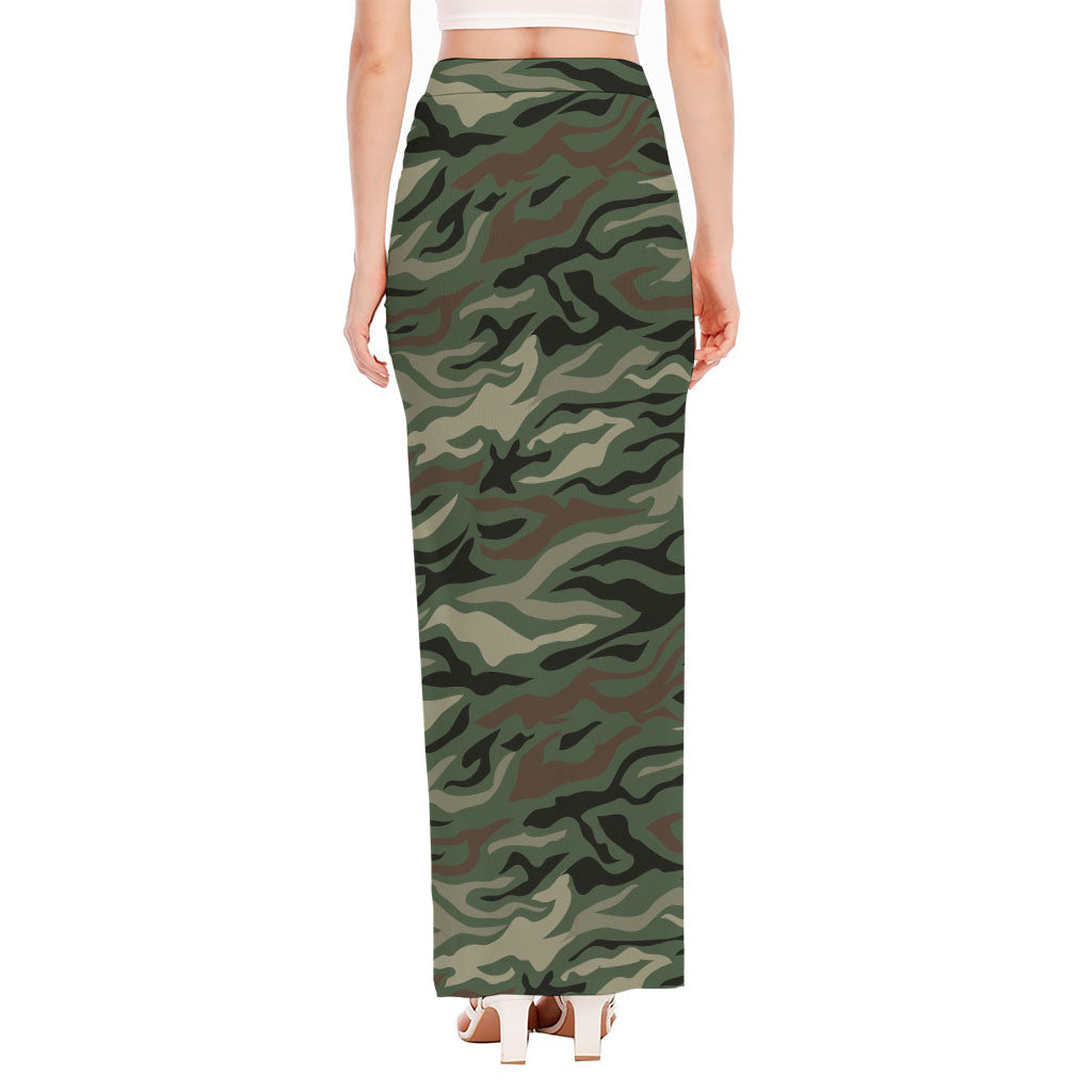 Green Camo Zebra Pattern Print High Slit Maxi Skirt