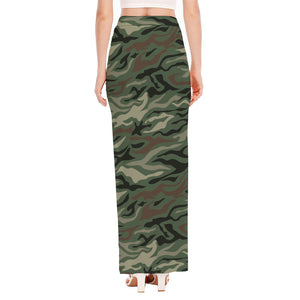 Green Camo Zebra Pattern Print High Slit Maxi Skirt