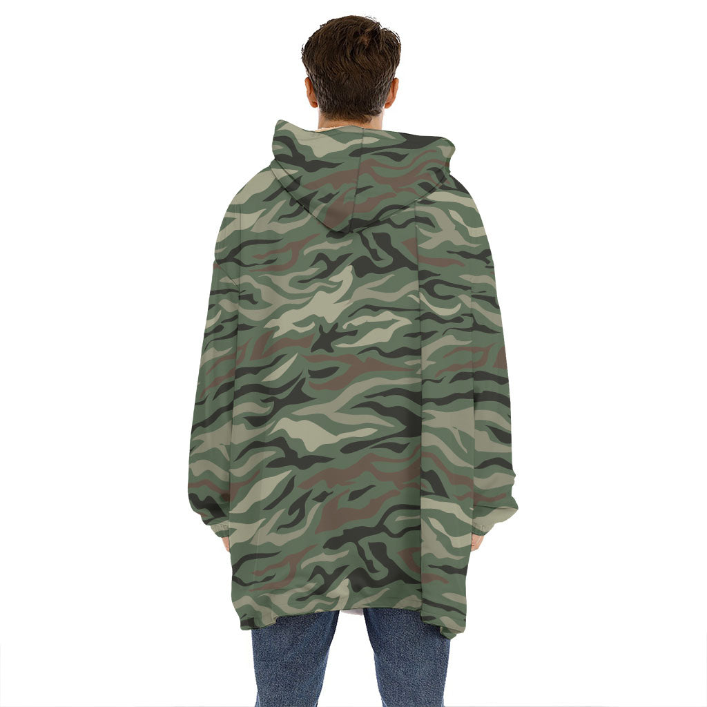 Green Camo Zebra Pattern Print Hoodie Blanket