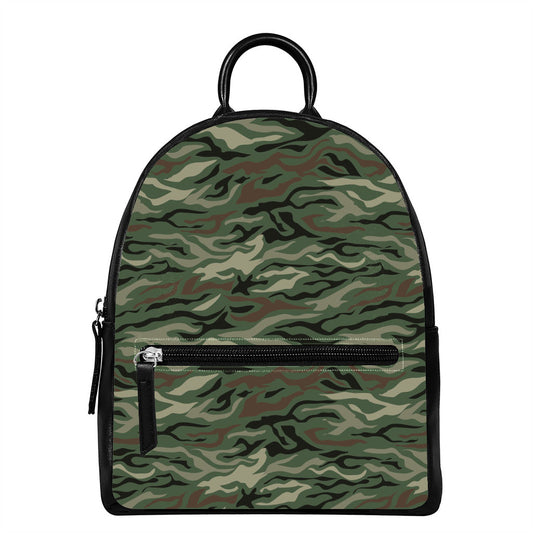 Green Camo Zebra Pattern Print Leather Backpack