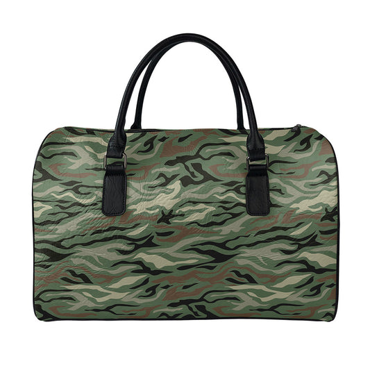 Green Camo Zebra Pattern Print Leather Duffle Bag