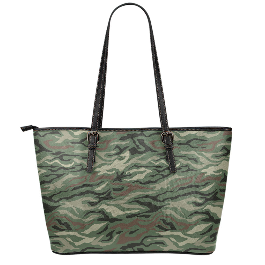 Green Camo Zebra Pattern Print Leather Tote Bag