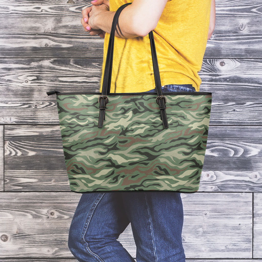 Green Camo Zebra Pattern Print Leather Tote Bag